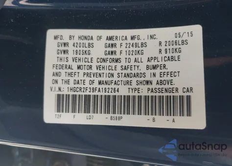 2015 Honda Accord Lx из США, поврежденный, VIN 1HGCR2F39FA192264